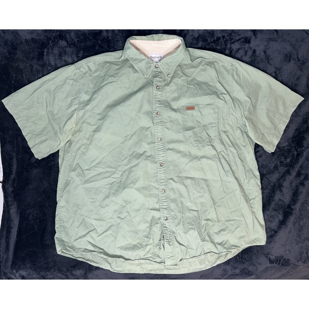 Carhartt Mens Green S/S Button Down Shirt Size 3XL Front Pocket & Logo Utility